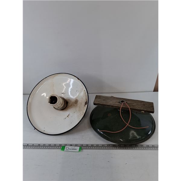 (2) Vintage Industrial Metal Enamel Saucer Lamp Light Fixtures Untested As-Is