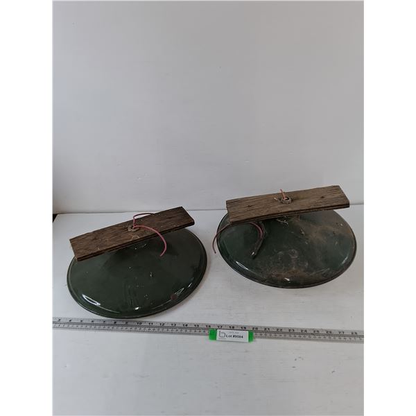 (2) Vintage Industrial Metal Enamel Saucer Lamp Light Fixtures Untested As-Is