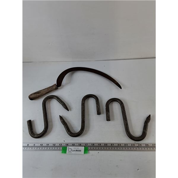 Harvesting Sickle and (3) Hand-Forged Iron Meat Hooks