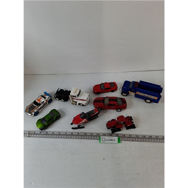 (8) Toy Vehicles As-Is, Utility Truck, Snowmobile, Semi Truck, Cars, Tonka, Teamsters, Welly