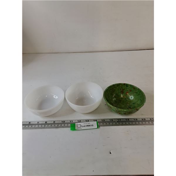 (3) Bowls, (2) Glass (1) Plastic, Fire King, Glasbake, Prolon