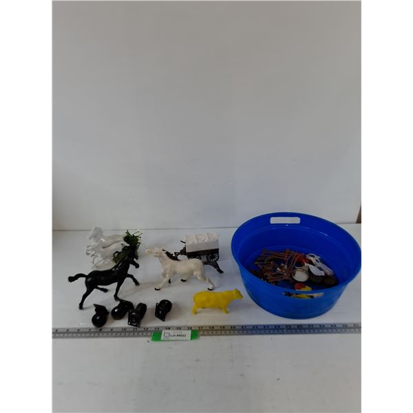Assorted Plastic Farming/Ranching Animals and Props, Porcelain Horse Sculpture, (4) Small Wheels