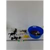 Image 1 : Assorted Plastic Farming/Ranching Animals and Props, Porcelain Horse Sculpture, (4) Small Wheels