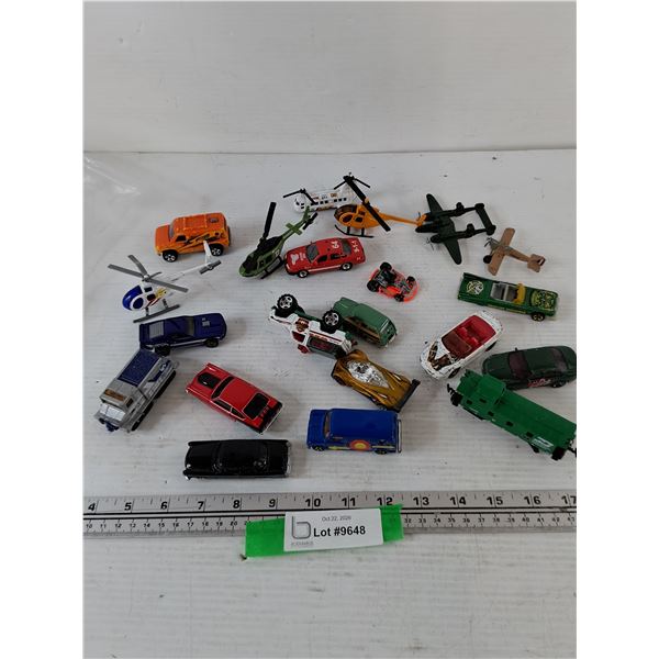 Assorted Toy Cars, Helicopters, (2) Planes, (1) Train Car, Maisto, Hot Wheels, Matchbox