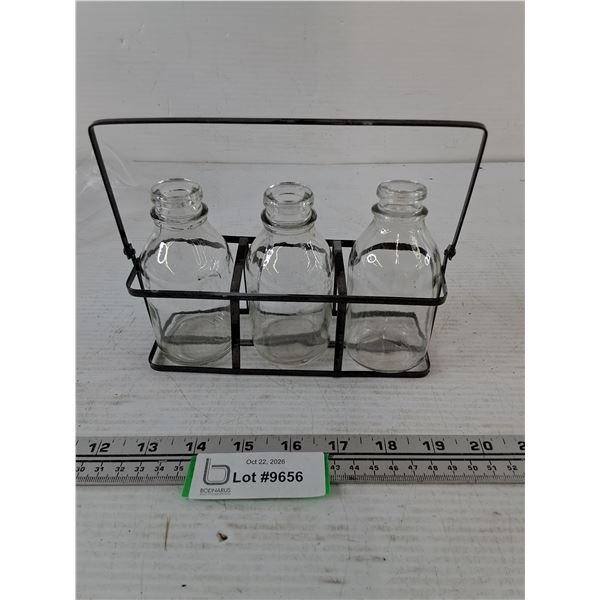 (3) Glass Mini Milk Bottles with Grey Metal Wire Caddy