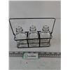 Image 2 : (3) Glass Mini Milk Bottles with Grey Metal Wire Caddy
