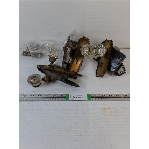 (3) Vintage Mortise Lock Set with Clear Glass Doorknobs and Hardware