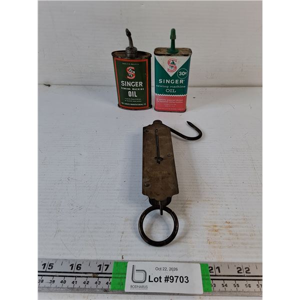 (2) Singer Oil Tins,Antique Pocket Spring Balance