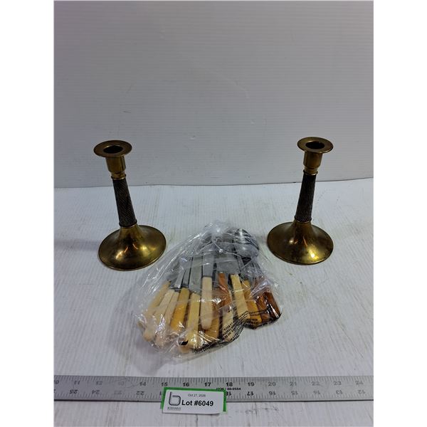 Candle Holders, Assorted Butter Knives and Spoons