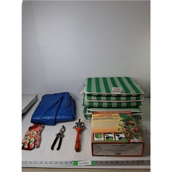 Folding Seat Cushions, Tarp, Hanging Tomato Planter, Misc