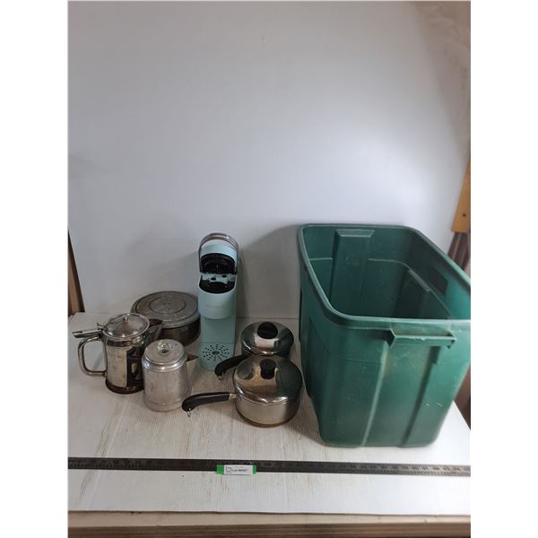 22x15x16" Storage Bin, Keurig Machine - Powers On, Assorted Cook Pots & Kettles - Cannot Ship