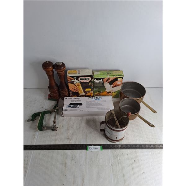 Apple Corer, S&P Shakers, Ampia Biscuit Maker, Salad Mill, Mirror Cam, Lagus Copper Pots, Sifter