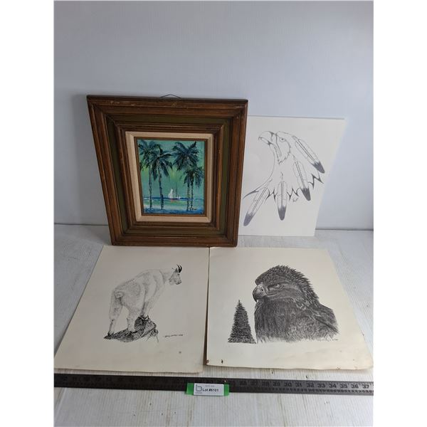 Wood Framed 16.5" x 19" Wall Decor, 3 Charcoal Nature Sketches