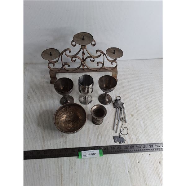 Metal 3-Candle Holder, Silver Plated Cups, Bowl, Candle Holder, Wind Chime