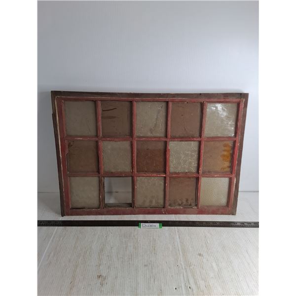 Vintage Multi Pane Window Frame Featuring Clear & Orange Textured Glass - 26.5" x 18.25" - PU Only