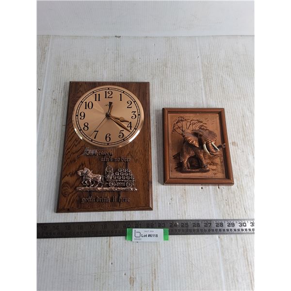 A&F Copper Wall Clock w/Beer Suggestion - Needs Some Repair, Framed 3D Elephant - Largest  13" x 8"