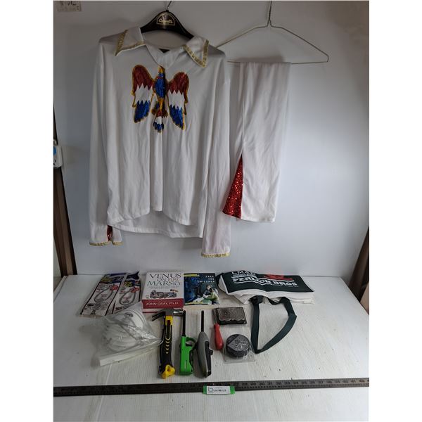 Elvis Costume - Approx Men's Medium, Books, N95 Masks, Fire Starters, NIB Belt Buckle, Hammer, Misc.