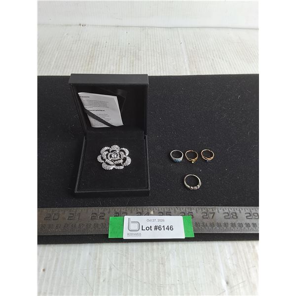 (4) Rings (Sizes 5,5,5,7.5 - Silver w/Blue Stone is 925), Brooch