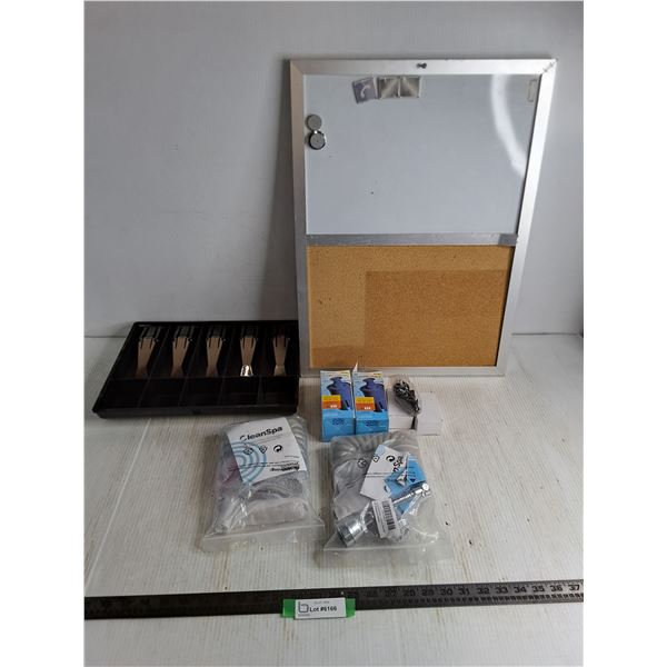 23" x 17" Bulletin Board, Cash Drawer, Unused Telescopic Shower Hoses, Water Filters, Brackets