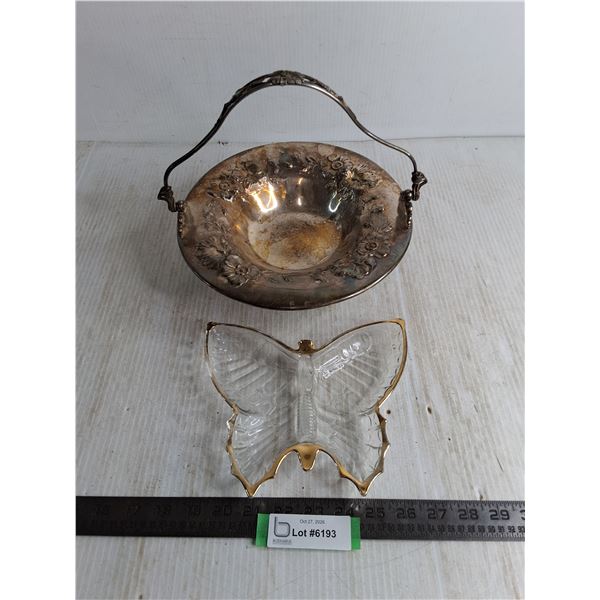 Vintage Silver Plated Fruit Bowl, Glass Butterfly Dish