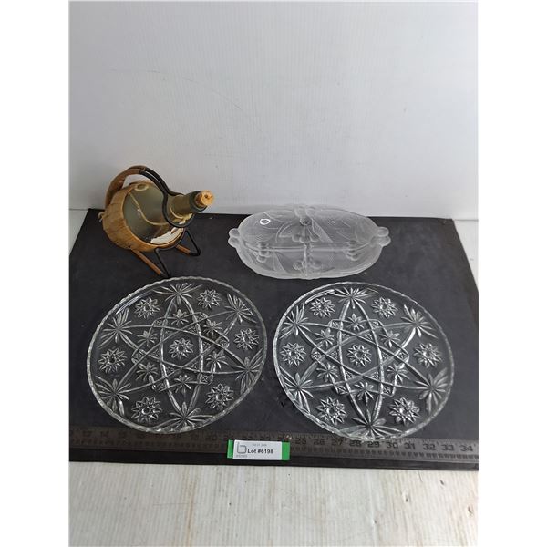 Glass & Crystal Platters, Wine Bottle Holder w/Bottle