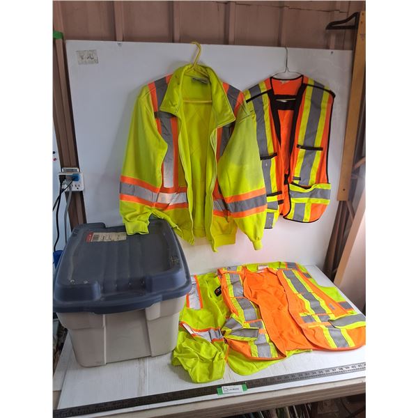 (5) Hi-Vis Vests/Jacket - Sizes Men's Medium to XL, Storage Bin - 16x19x14" - Cannot Ship