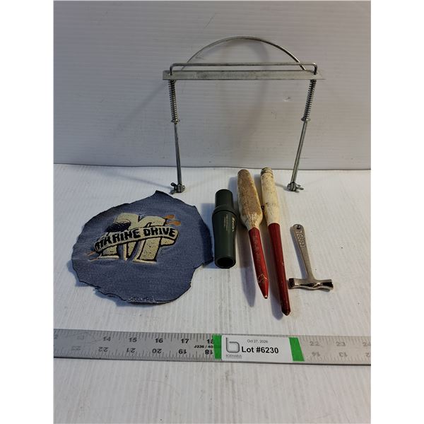 Metal Hobby Tool Frame,Goose Call,(2) Vintage hand Painted Wooden Fishing Floats,Toffee Hammer,Patch