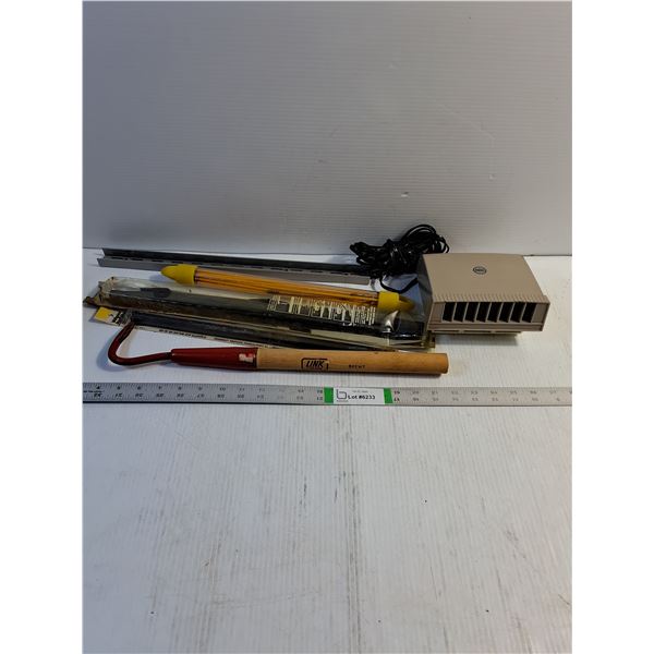 12V Auto Heater (works),Single Tine Hoe,(2) Wiper Blades,Wire Pulling Rod Kit,Metal Bracket