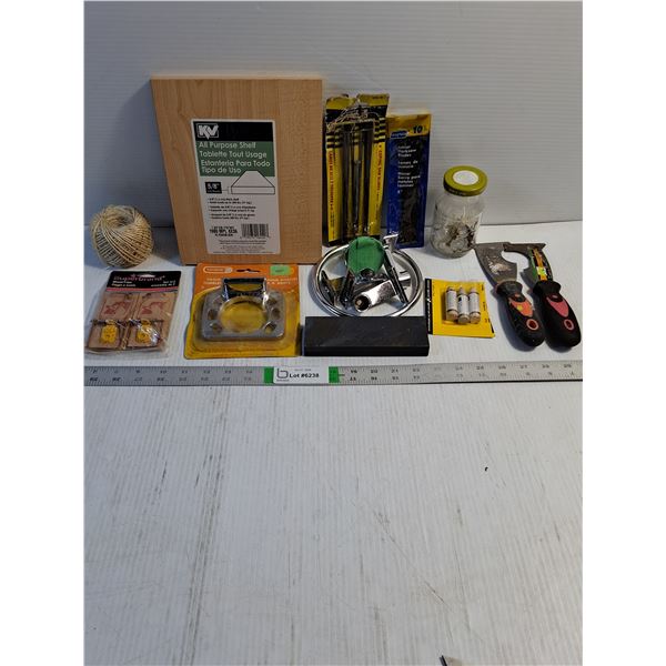 Misc. Lot-(2) Scrapers,Mouse Traps,Twine,Shelf,Hacksaw Blades and more