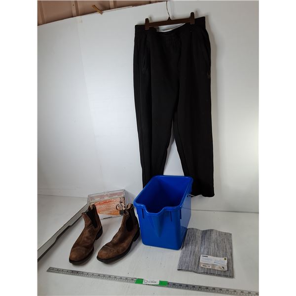 Men's Blundstone Shoes-9, Sweatpants-L, Mop Pail, Misc.