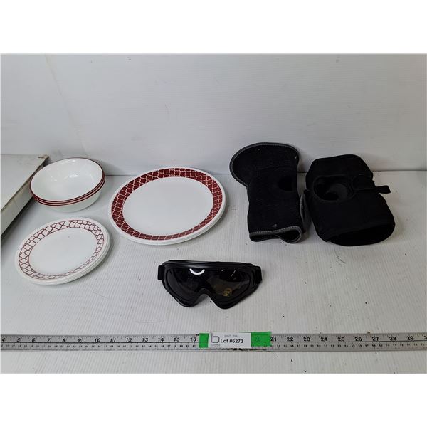 Corelle Dishes, UV Ski Goggles, (2) Knee Braces