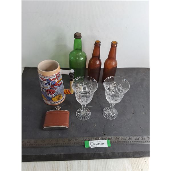 Budweiser "Center Ice" Mug, Colored Glass Bottles, Wine Glasses, Flask