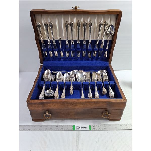 Vintage Wooden Silverware Chest  with Flatware and Cutlery-may be missing pieces-as is
