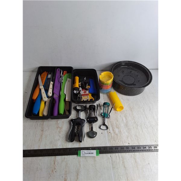 Assorted Kitchen Knives, Wine Bottle Openers, Enameled Roaster, Misc.