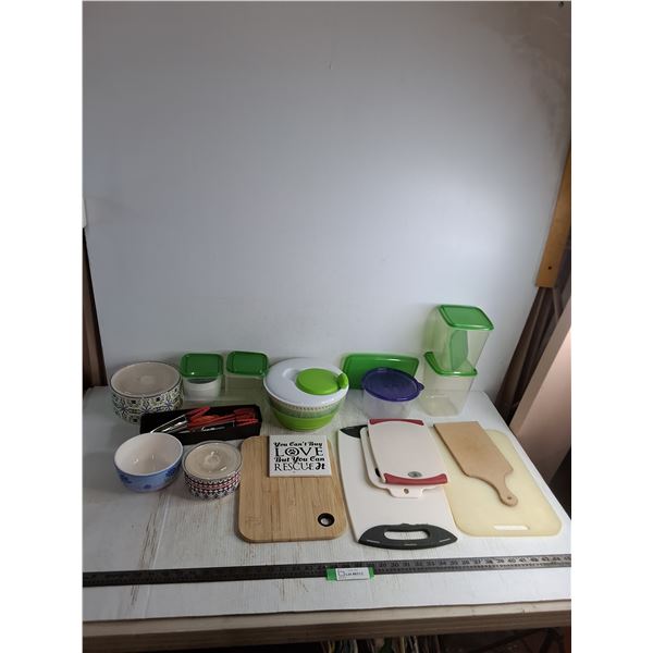 Assorted Plastic Containers, Cutting Boards, Utensils