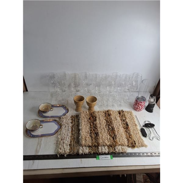 Large Quantity of Assorted Wine Glasses, Tea Plates, Place Mats, Vase, Misc.