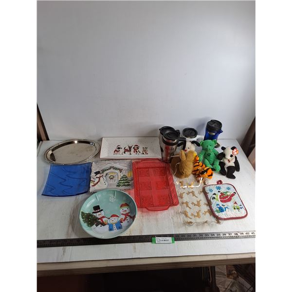 Assorted Serving Platters, Stuffed Toys, Travel Mugs, Misc.