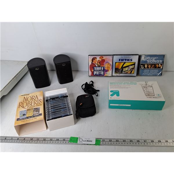 (3) Brita Pitcher Filters, Klipsch Speakers, CDs, Misc.