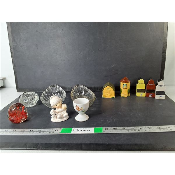 Grain Elevator Salt & Pepper Shakers, Egg Cup, Glass Candy Dishes, Misc.