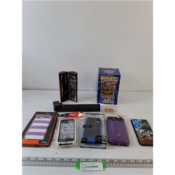 Assorted Phone Cases, Electrode Holder, Back to the Future Glass, Etc
