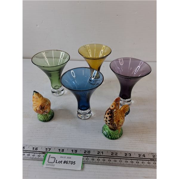 Mini Colorful Martini Glasses, Rooster Salt and Pepper Shakers