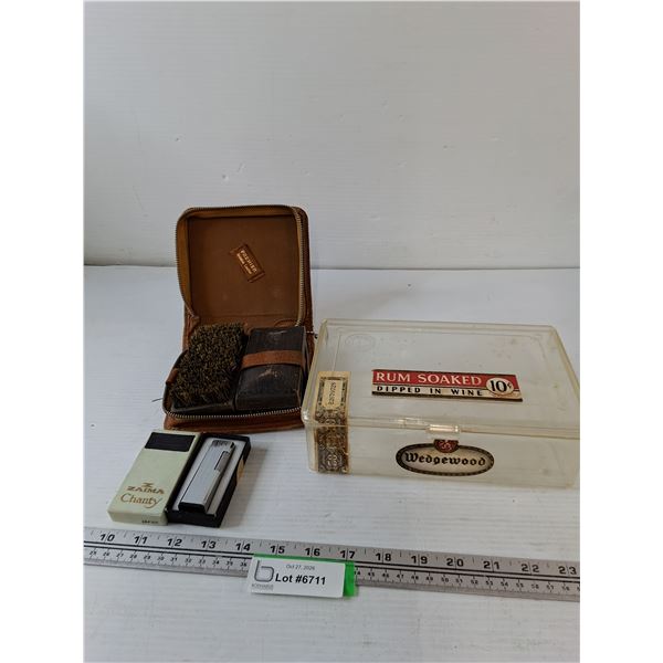 Vintage Plastic Cigar Box, Zaima Chanty Lighter, Mens Brush Kit - Cannot Ship