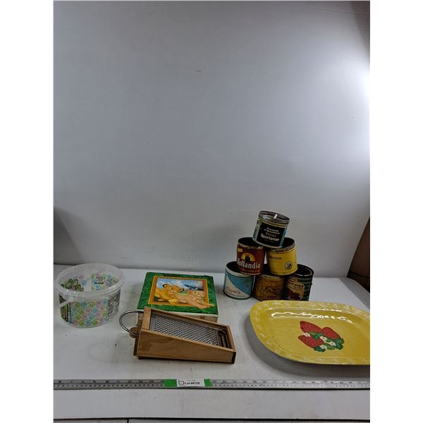 Cheese Grator, Plastic Serving Plate, Vintage Tin Cans, Misc
