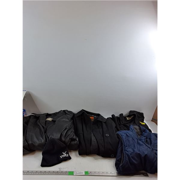 XL Mens Retreat Leather Jacket, Mens Moores Dress Jacket, Northend Fleece Medium Hoodie, Vest & Hat