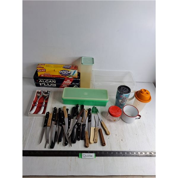 Assorted Kitchenware, Steak & Chef Knives, Tinfoil, Sealer Bags