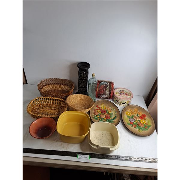 Baskets, Plastic Containers, Tins, Decorative Plates, Candle Stand, Misc.