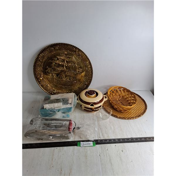 Metal Wall Decor, Mandolin & Veggie Dicer, Stoneware Beanpot, Wicker Basket & Tray