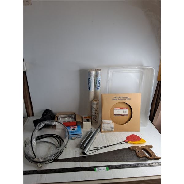 Assorted Hardware, Sealed Wallpaper Rolls, Handsaw, Fly Swatters, Storage Bin, Misc. - PU Only
