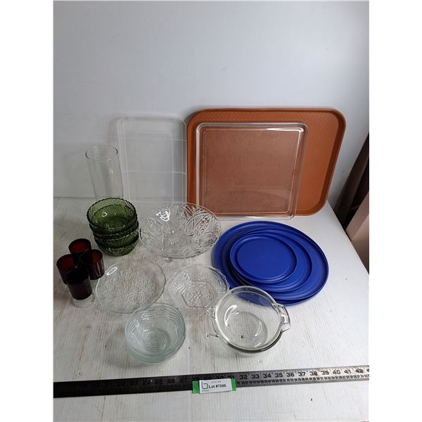 Assorted Glassware, Plastic Lids & Trays, Misc.