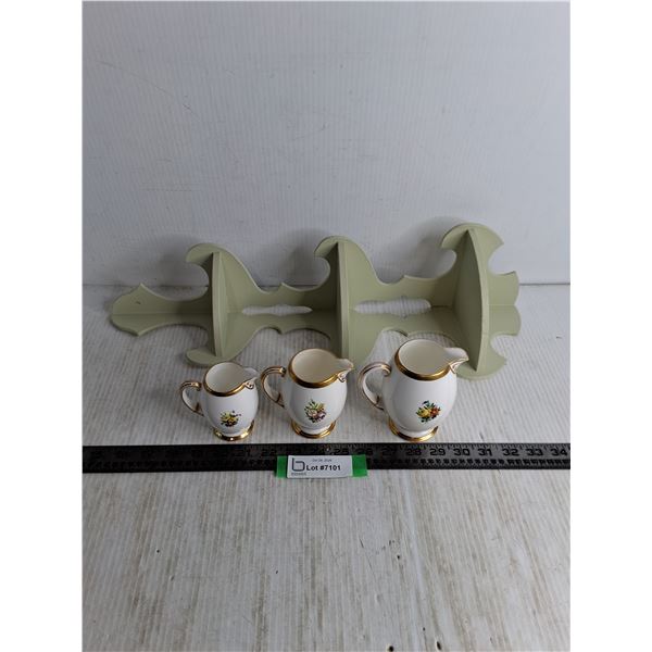 Wooden 3-Tier 20" Corner Shelf w/3 Graduated Porcelain Pitchers